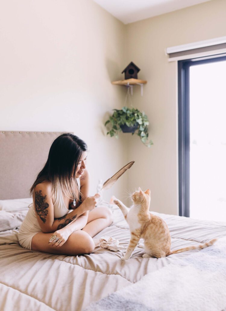 woman with her cat playing during summer morning routine